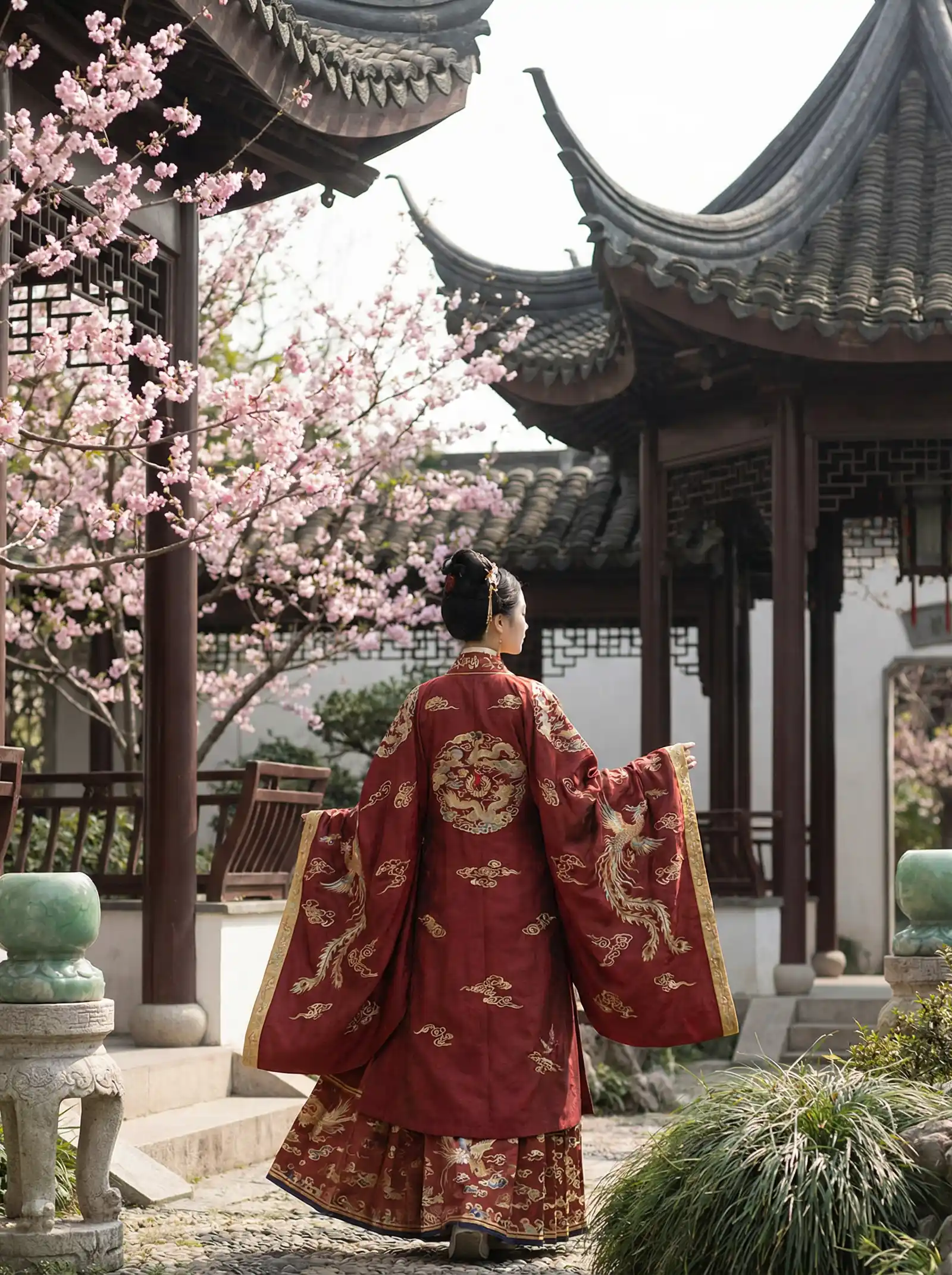 酒色娱乐网 明制汉服红色凤凰刺绣